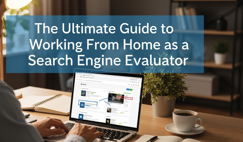 A remote professional working from home on a laptop, analyzing search results as a search engine evaluator.