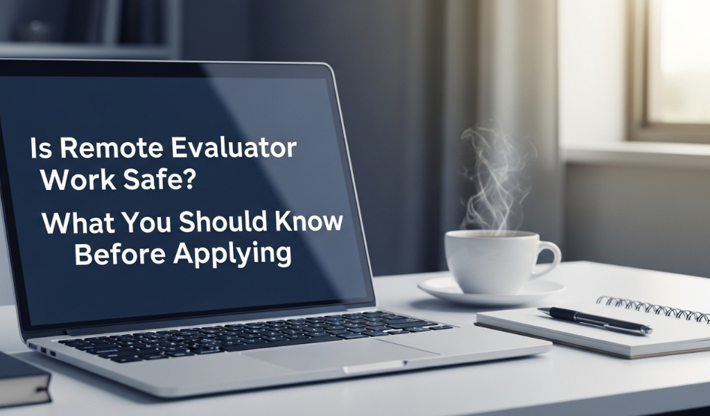 Person working remotely on a laptop while reviewing digital tasks for a safe remote evaluator job.