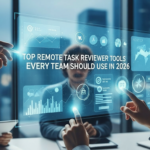 Illustration of remote team members using task reviewer tools on laptops and devices, collaborating efficiently in 2026.
