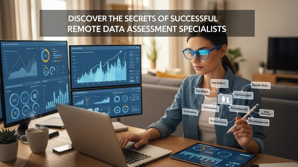 Remote data assessment specialist analyzing data on a laptop, highlighting accuracy and efficiency in a professional setting.