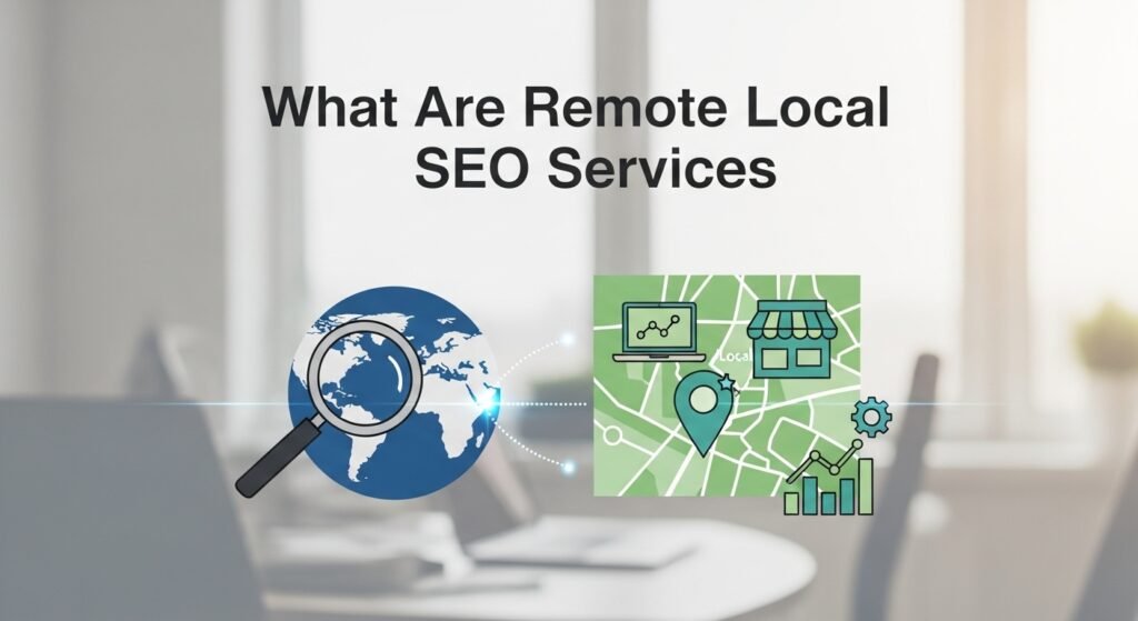 Illustration showing how remote local SEO services optimise local search visibility through Google Business Profile, citations, and reviews