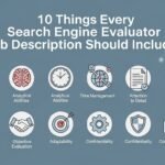 Infographic showing 10 important points included in a Search Engine Evaluator job description, including skills, tasks, tools, and pay structure.