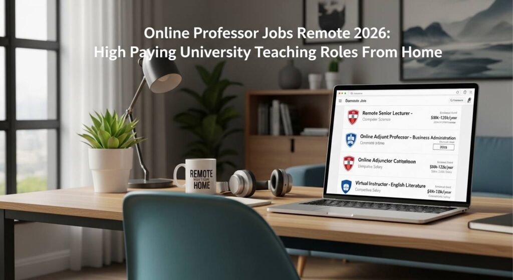 Online professor teaching university students remotely from home office setup with laptop and virtual classroom platform.