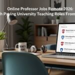 Online professor teaching university students remotely from home office setup with laptop and virtual classroom platform.