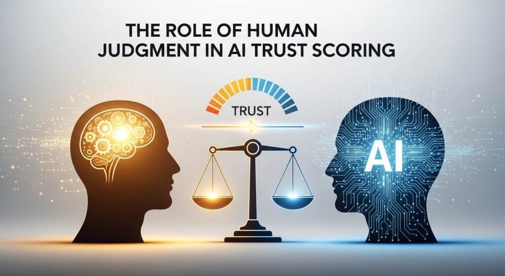 Human AI evaluator reviewing AI trust scoring system to ensure accuracy, fairness, and reliability in artificial intelligence decision-making process