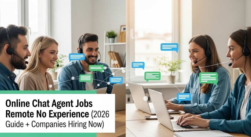 Online Chat Agent Jobs Remote No Experience work from home setup with laptop and live chat screen