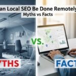 Remote SEO specialist optimising Google Business Profile and local rankings for a city-based business from a laptop.