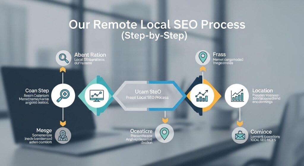 Step-by-step remote local SEO workflow showing research, optimisation, tracking, and performance improvements.