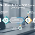 Step-by-step remote local SEO workflow showing research, optimisation, tracking, and performance improvements.