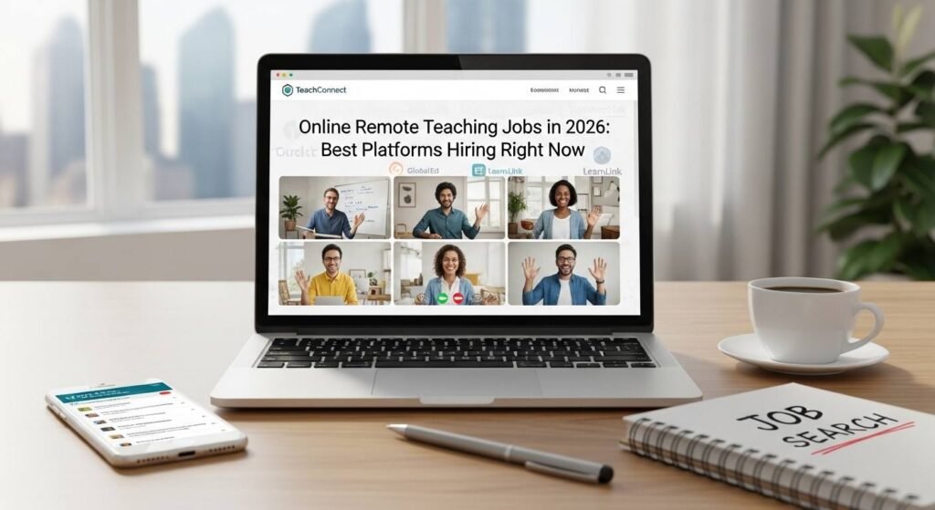 Person teaching students online from home office setup with laptop and headset in 2026 remote teaching job concept