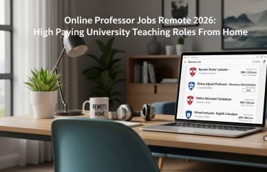 Online professor teaching university students remotely from home office setup with laptop and virtual classroom platform.