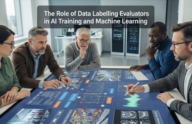 Data labelling evaluators reviewing and verifying annotated datasets for AI and machine learning training.
