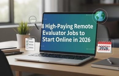Remote evaluator jobs illustration showing a person working online in 2026