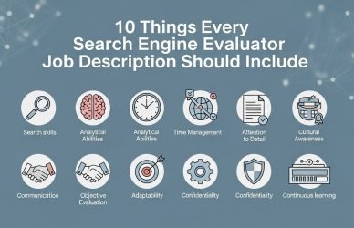 Infographic showing 10 important points included in a Search Engine Evaluator job description, including skills, tasks, tools, and pay structure.