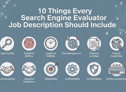 Infographic showing 10 important points included in a Search Engine Evaluator job description, including skills, tasks, tools, and pay structure.
