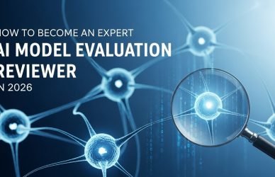 AI model evaluation reviewer analyzing data and performance metrics on a computer screen.