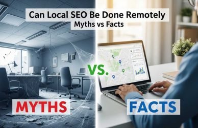 Remote SEO specialist optimising Google Business Profile and local rankings for a city-based business from a laptop.