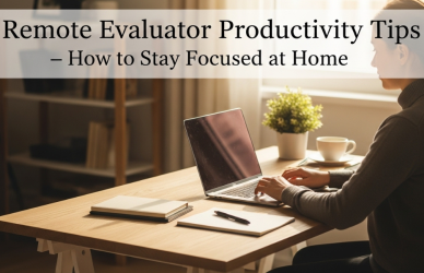 A focused remote evaluator working from home with a laptop, maintaining productivity in a calm, organized workspace.