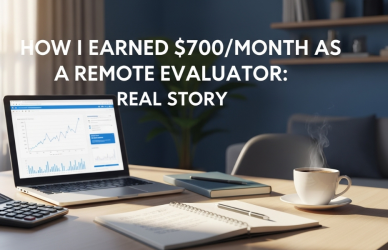 A person working remotely on a laptop, reviewing online content as a remote evaluator from home.