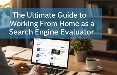 A remote professional working from home on a laptop, analyzing search results as a search engine evaluator.