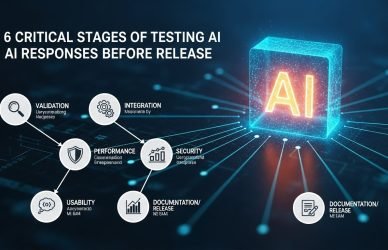 6 critical stages of testing AI responses before release, showing validation, accuracy checks, bias review, compliance testing, and final quality assurance.