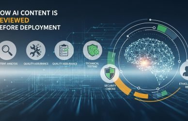 AI content review workflow before deployment, showing human editors verifying accuracy, compliance, and quality