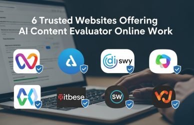 AI content evaluator reviewing online content on a laptop while working remotely