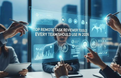 Illustration of remote team members using task reviewer tools on laptops and devices, collaborating efficiently in 2026.
