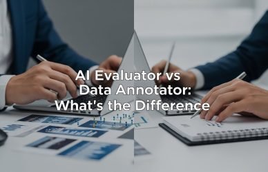 AI Evaluator vs Data Annotator comparison showing how each role reviews, labels, and improves machine learning data and AI system accuracy.