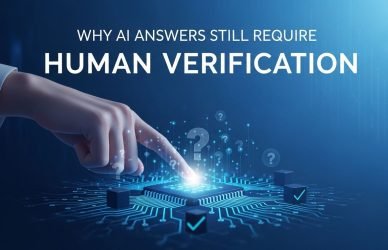 Person reviewing AI-generated content on a laptop while cross-checking information with verified sources and notes.