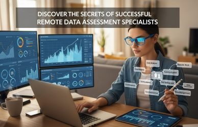 Remote data assessment specialist analyzing data on a laptop, highlighting accuracy and efficiency in a professional setting.