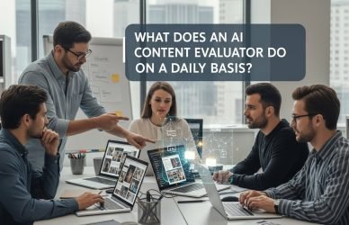 AI content evaluator reviewing digital content quality, accuracy, and relevance on a computer dashboard