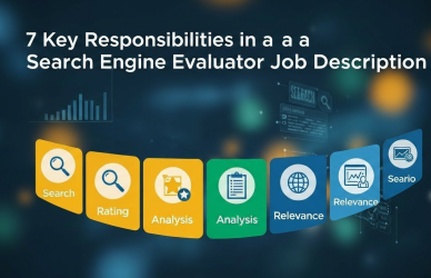 7 key responsibilities of a Search Engine Evaluator job, including rating search results, improving AI accuracy, and ensuring content relevance