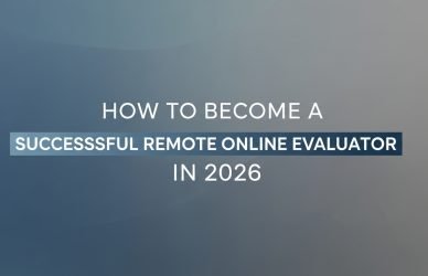 Remote online evaluator working from home on a laptop in 2026, reviewing digital content for quality and accuracy.