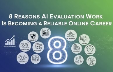 AI evaluator reviewing digital content on a laptop, analysing accuracy, quality, and compliance in a remote online job