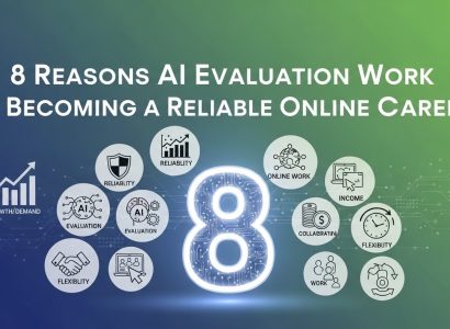 AI evaluator reviewing digital content on a laptop, analysing accuracy, quality, and compliance in a remote online job